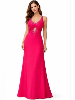 Beaded Twist V-Neck Prom Dress in Hot Pink